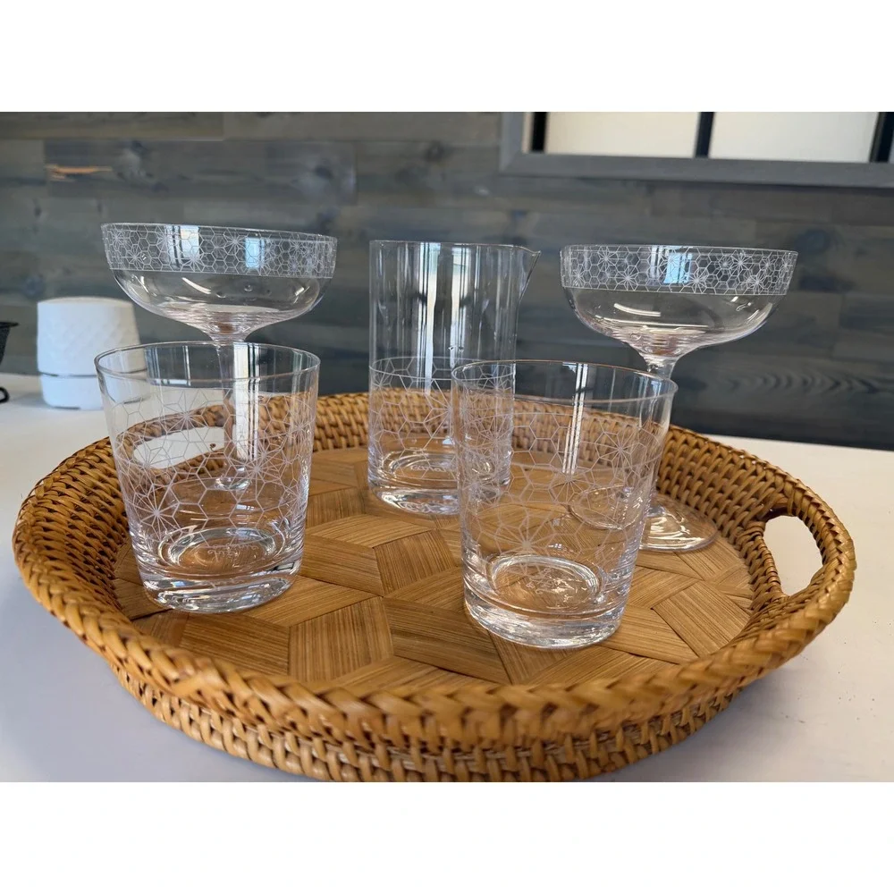 Chic & Tonic 5pc‎ Cocktail Set Etched Geometric Pitcher Coupes Rocks Glasses